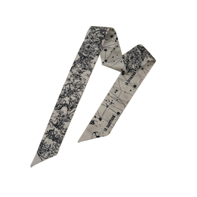 Winds of Summer French Retro Flower and Grass Constellation Narrow Long Scarves Black Beige High Sense Gentle Elegant Tied Hair Ribbon