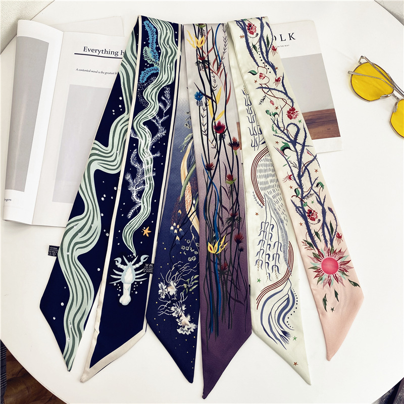 Factory Direct Sales Winding Bag Ribbon Handle Scarves Summer Decorative Printing Double Layer Small Silk Scarf Long Ribbon