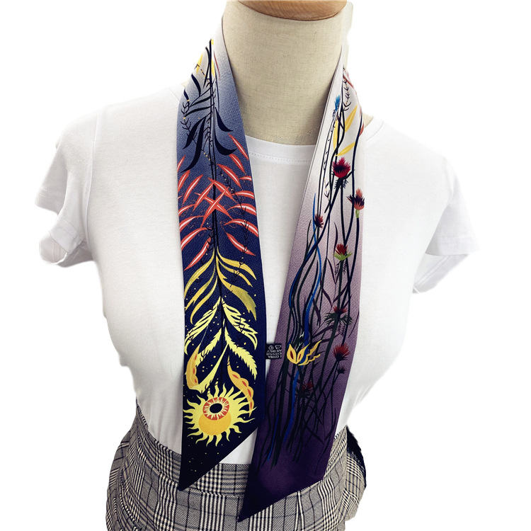 Factory Direct Sales Winding Bag Ribbon Handle Scarves Summer Decorative Printing Double Layer Small Silk Scarf Long Ribbon