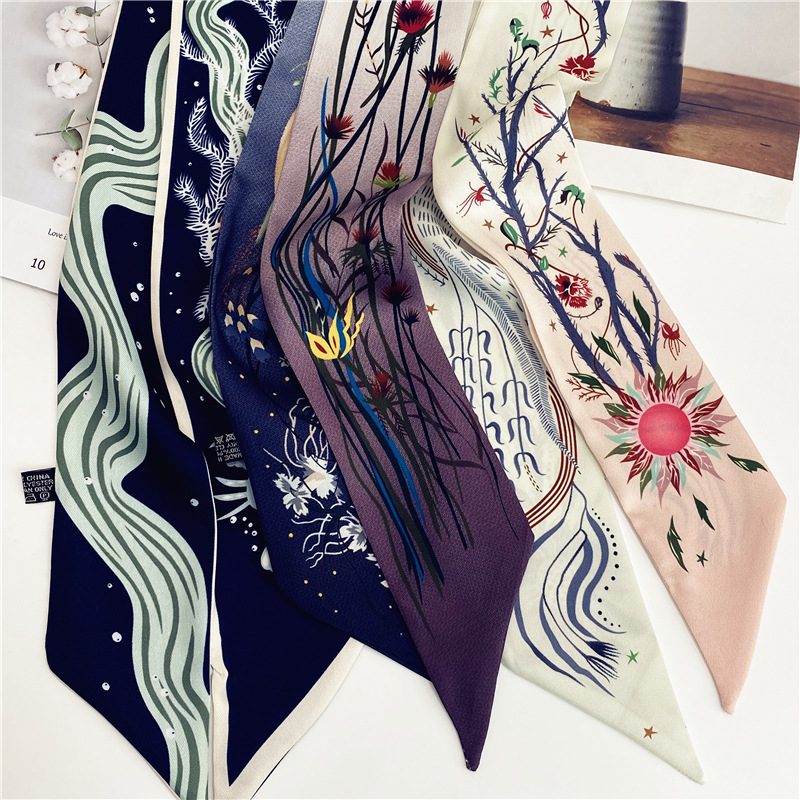 Factory Direct Sales Winding Bag Ribbon Handle Scarves Summer Decorative Printing Double Layer Small Silk Scarf Long Ribbon