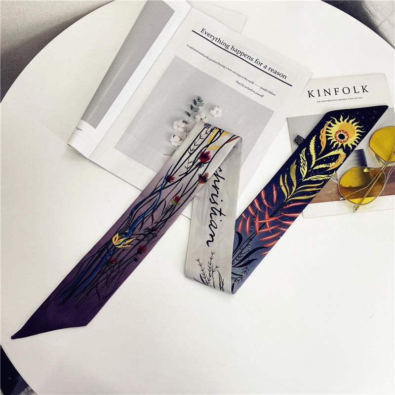 Factory Direct Sales Winding Bag Ribbon Handle Scarves Summer Decorative Printing Double Layer Small Silk Scarf Long Ribbon
