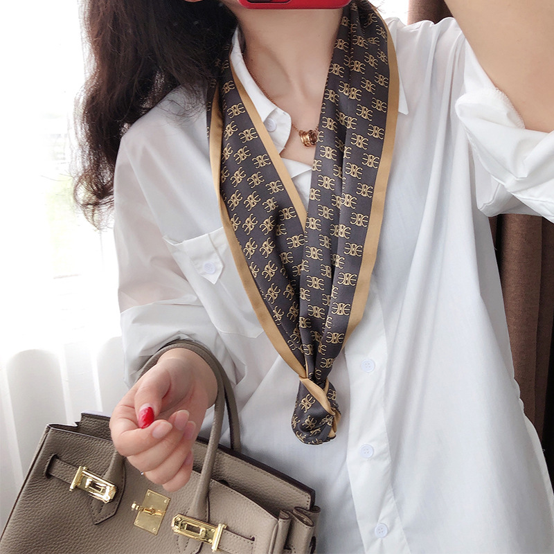 Scarf Classic Arc De Triomphe Versatile Double-Layer Double-Sided Silk Scarf Fine Narrow Neckerchief Ribbon Silk Scarves