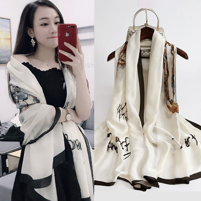 New Long Large Silk Scarf Winter Mother Gift Printing Satin Shawl Women&#039;s Warm Imitated Silk Scarves Scarf