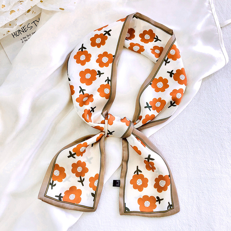 Japanese and Korean Sweet Silk Scarf Small Strip Thin Narrow Decoration Small Scarf Tie Hair Band Elegant Floral Long Scarves Ribbon Female
