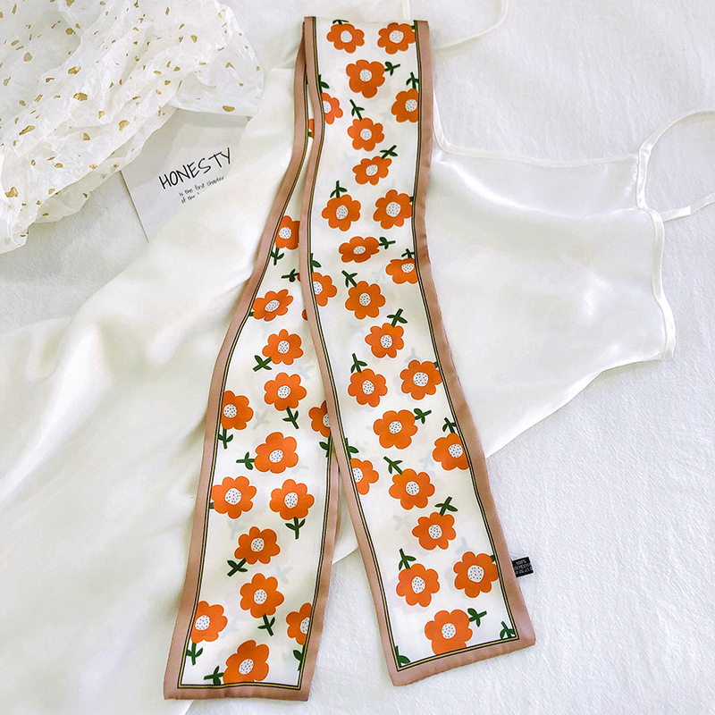 Japanese and Korean Sweet Silk Scarf Small Strip Thin Narrow Decoration Small Scarf Tie Hair Band Elegant Floral Long Scarves Ribbon Female