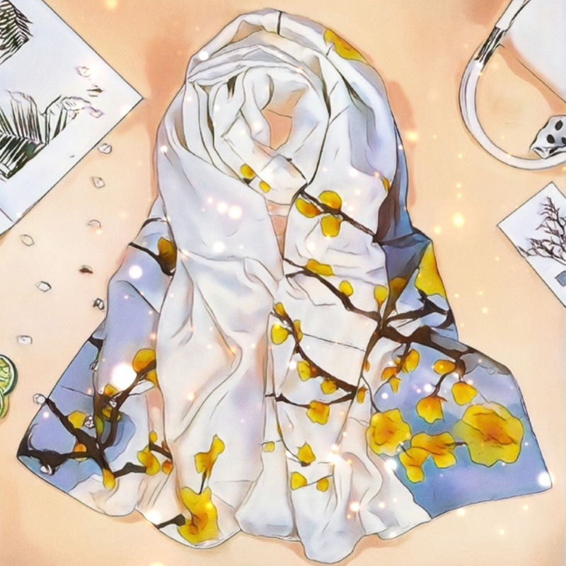 Outdoor Thin Silk Sun-Proof and Breathable Gift Scarf Travel Sunshade Beach Towel Spring and Autumn Printing Scarves