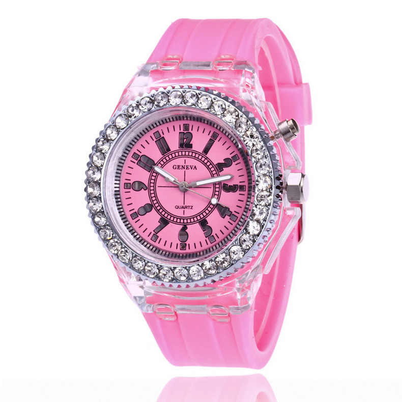 Cross-Border Flashing Light Luminous Glow Silicone Watch in Stock Wholesale Women&#039;s Fashion Watch Student Watch Led Diamond