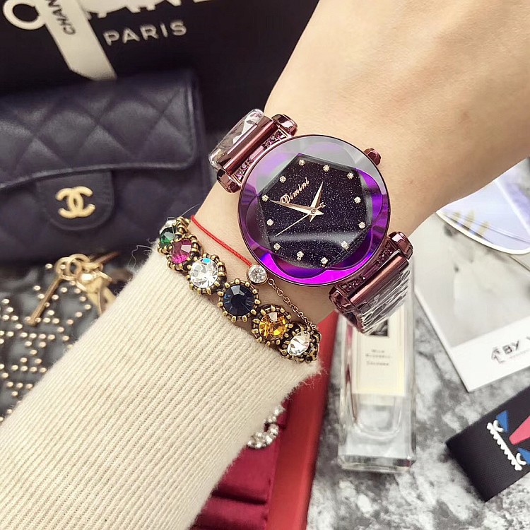 Dimini Purple Women&#039;s Shell Diamond Scale Stainless Steel Strap Starry Sky Diamond Watch