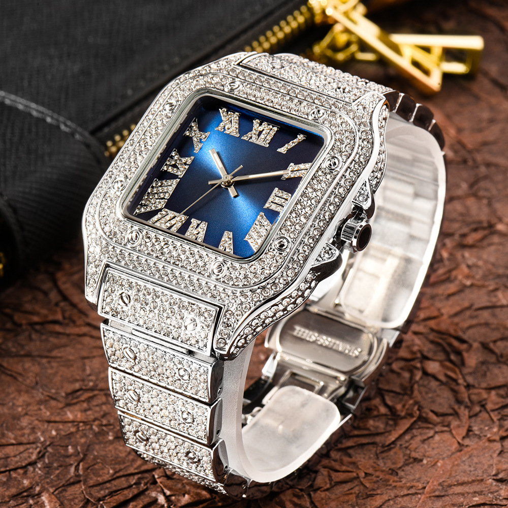 New Starry Diamond Men&#039;s Quartz Watch Square Stainless Steel Hip-Hop Fashion Diamond Watch