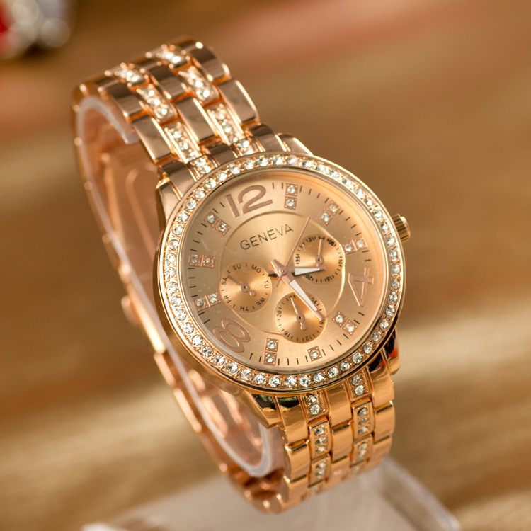 EBay AliExpress Taobao Big Sale Geneva a Watch Women&#039;s Diamond Three-Eye Steel Belt Quartz Watch