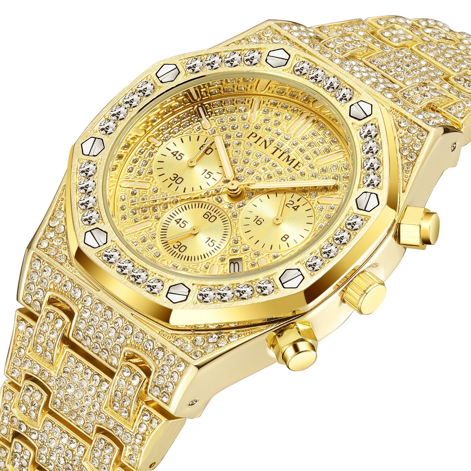Pintime/Product Time Foreign Trade Cross-Border E-Commerce Hot-Selling Product Full Diamond Multi-Functional Three-Eye Fashion Rhinestone Watch Can Be Sent on Behalf