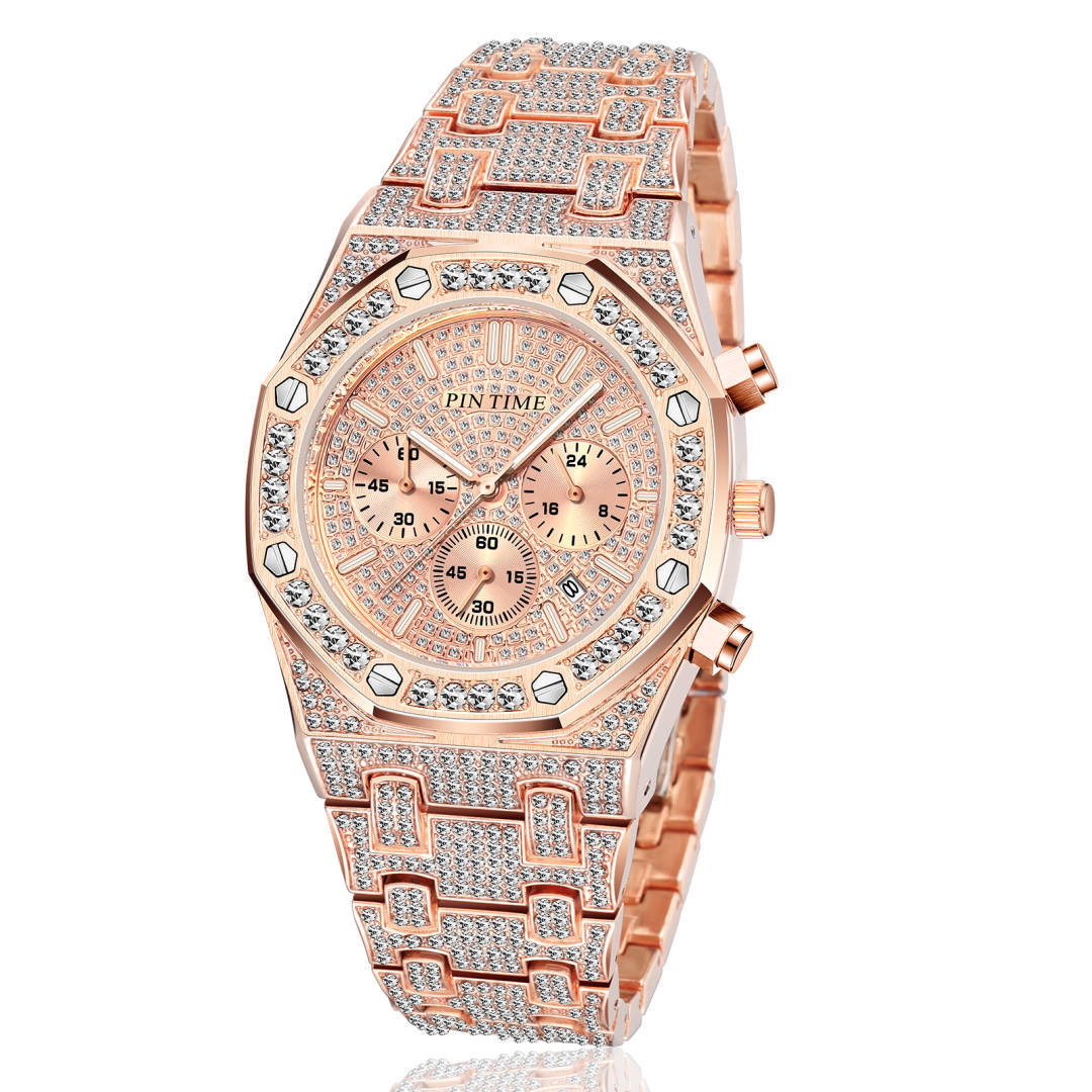 Pintime/Product Time Foreign Trade Cross-Border E-Commerce Hot-Selling Product Full Diamond Multi-Functional Three-Eye Fashion Rhinestone Watch Can Be Sent on Behalf
