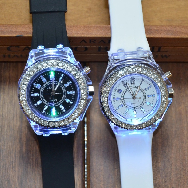 Cross-Border Supply Luminous Watch Women &#039;S Diamond Candy Color Silicone Watch Glow Watch
