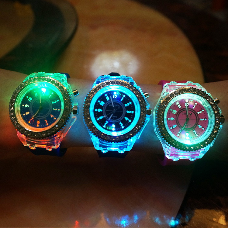 Cross-Border Supply Luminous Watch Women &#039;S Diamond Candy Color Silicone Watch Glow Watch