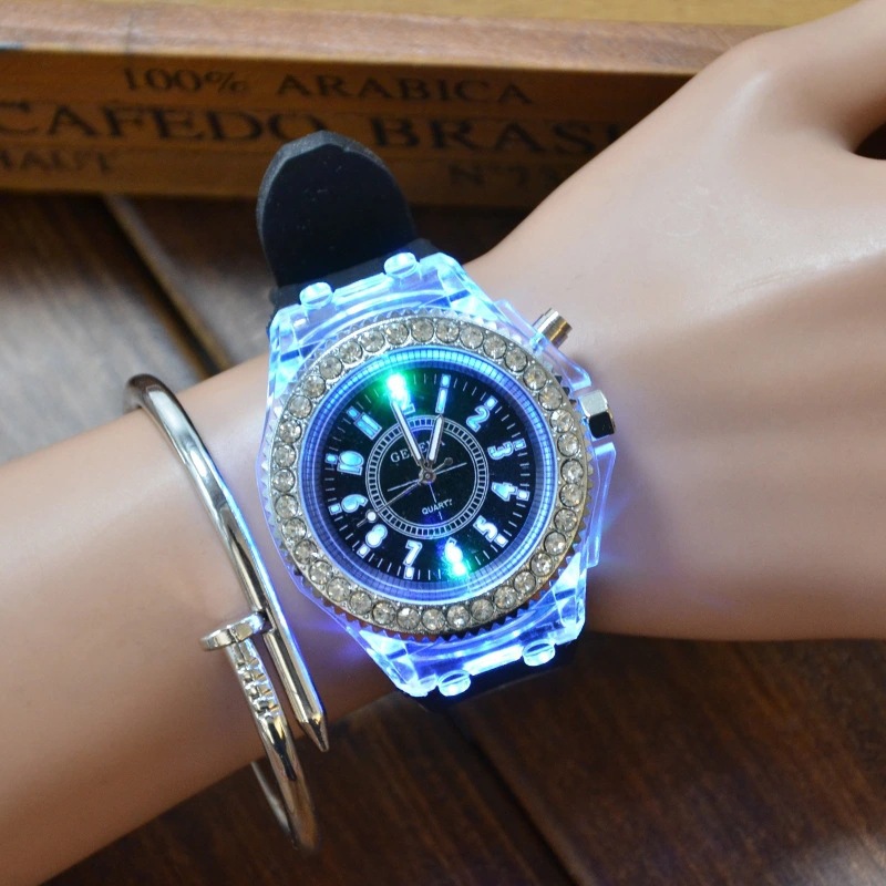 Cross-Border Supply Luminous Watch Women &#039;S Diamond Candy Color Silicone Watch Glow Watch