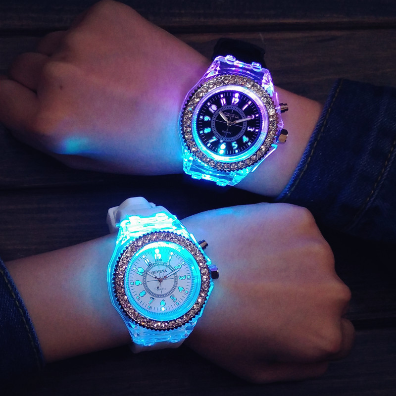 Watch Set Luminous Colorful Watch Diamond Luminous Silicone Glow Watch