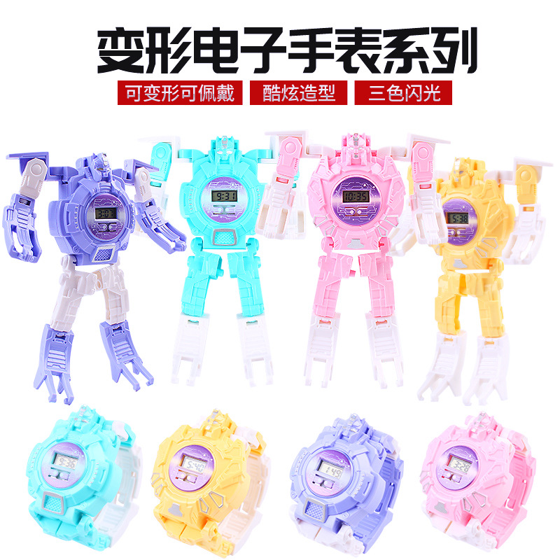 Children Watch  Children&#039;s Watch Diamond Robot Toy Transformation Steel Man Luminous Push Toy Wholesale Prizes