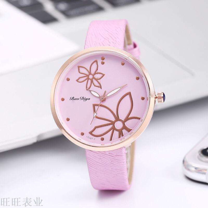 Foreign trade cross-border creative flower pattern lady leisure quartz watch color carving texture leather watch lady