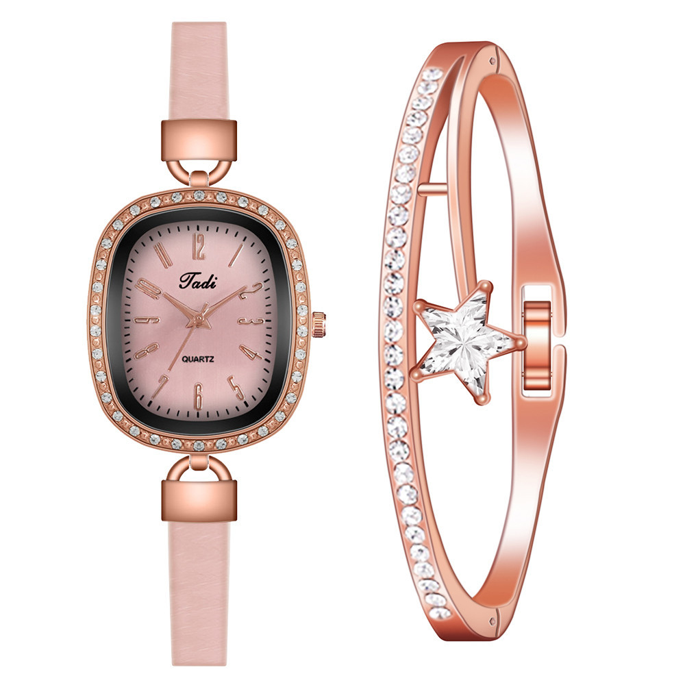 Cross-Border Hot Women&#039;s Watch Bracelet Combination Set Women&#039;s Diamond Oval Small Artistic Simple Number Leather Watch