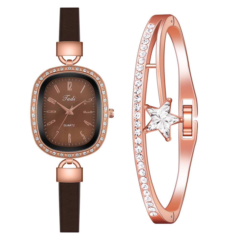 Cross-Border Hot Women&#039;s Watch Bracelet Combination Set Women&#039;s Diamond Oval Small Artistic Simple Number Leather Watch