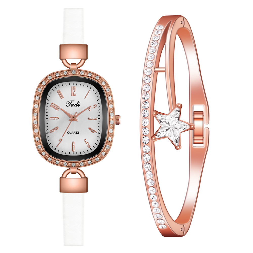 Cross-Border Hot Women&#039;s Watch Bracelet Combination Set Women&#039;s Diamond Oval Small Artistic Simple Number Leather Watch