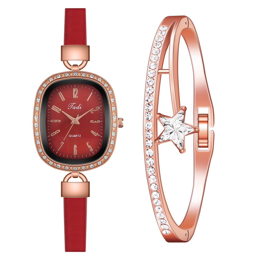Cross-Border Hot Women&#039;s Watch Bracelet Combination Set Women&#039;s Diamond Oval Small Artistic Simple Number Leather Watch