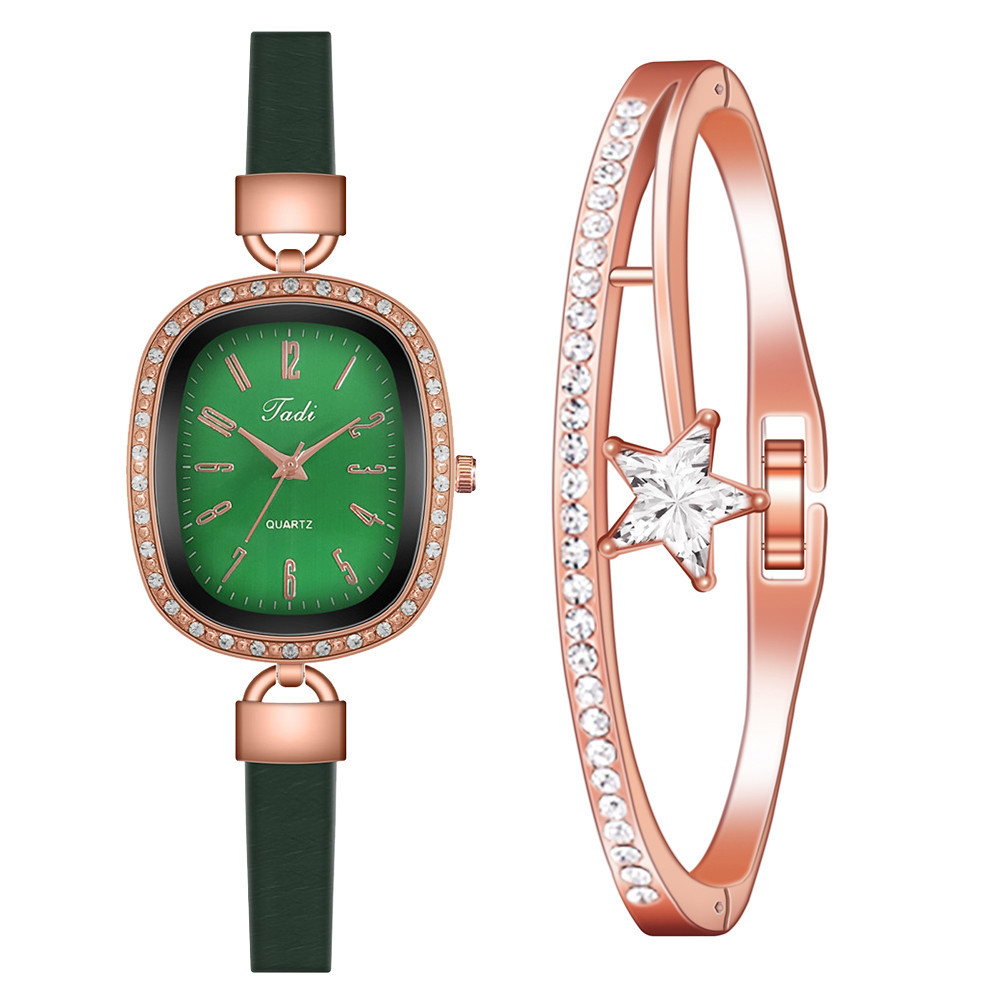 Cross-Border Hot Women&#039;s Watch Bracelet Combination Set Women&#039;s Diamond Oval Small Artistic Simple Number Leather Watch