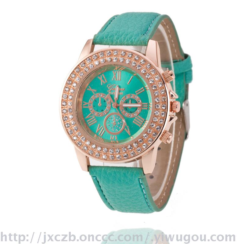 The new selling Geneva fake three-eyed leather watch simple diamond-studded quartz watch