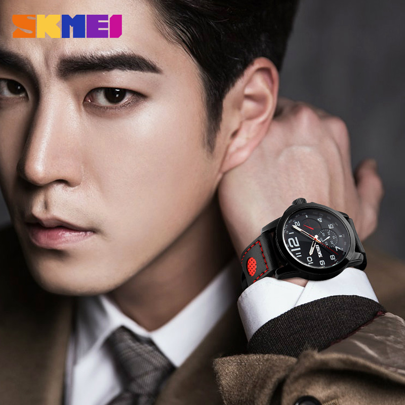 Fashionable leather watch casual large dial sports quartz men watch personality cool