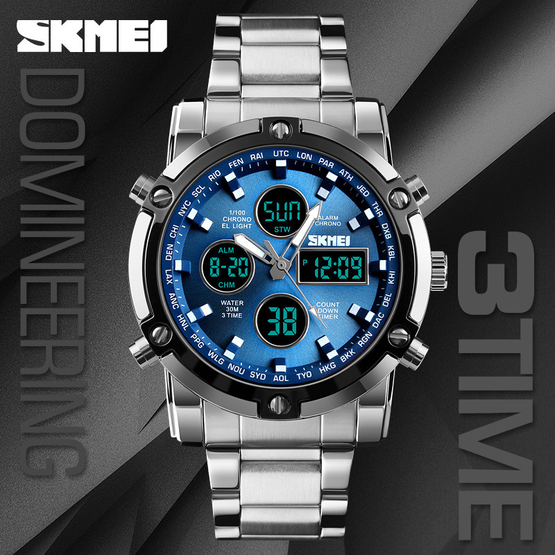 Factory Direct Sales Dual Display Electronic Watch Multi-Function Steel Timepiece Men&#039;s Waterproof Watch with Large Dial Three-Time