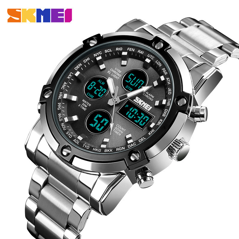 Factory Direct Sales Dual Display Electronic Watch Multi-Function Steel Timepiece Men&#039;s Waterproof Watch with Large Dial Three-Time