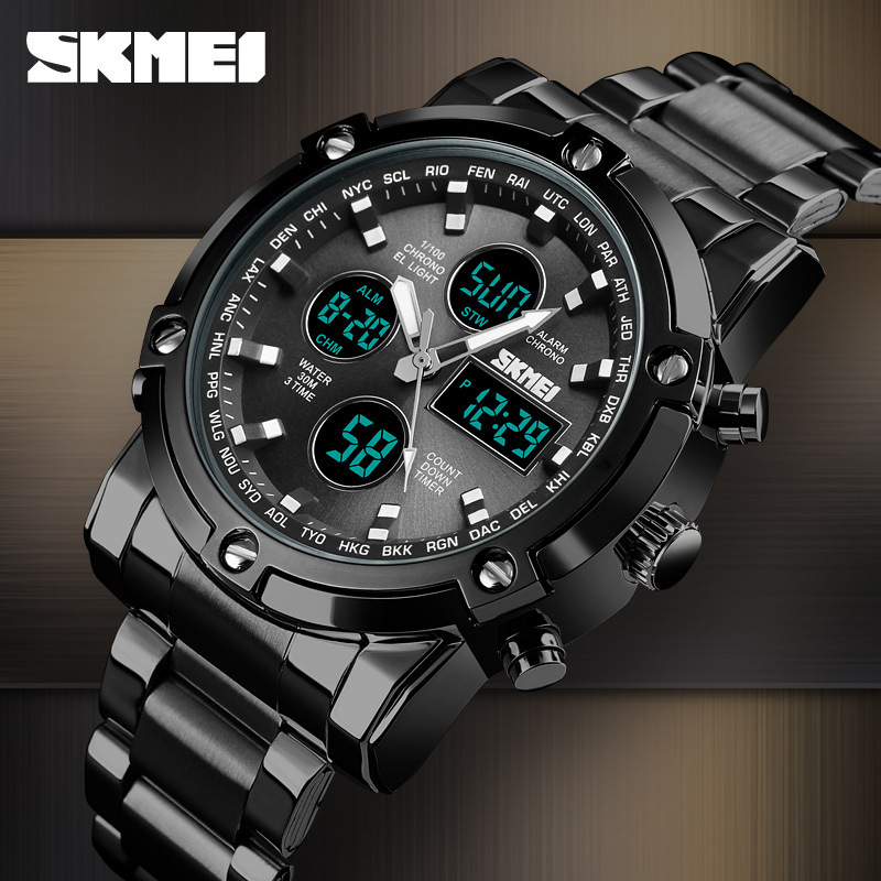 Factory Direct Sales Dual Display Electronic Watch Multi-Function Steel Timepiece Men&#039;s Waterproof Watch with Large Dial Three-Time