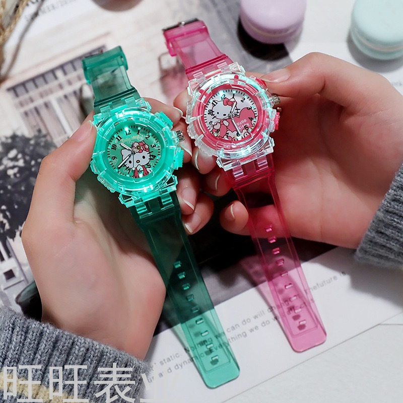 New Arrival Transparent Luminous Ins Children&#039;s Cartoon Watch Hello Kitty Cat Primary School Student Electronic Watch