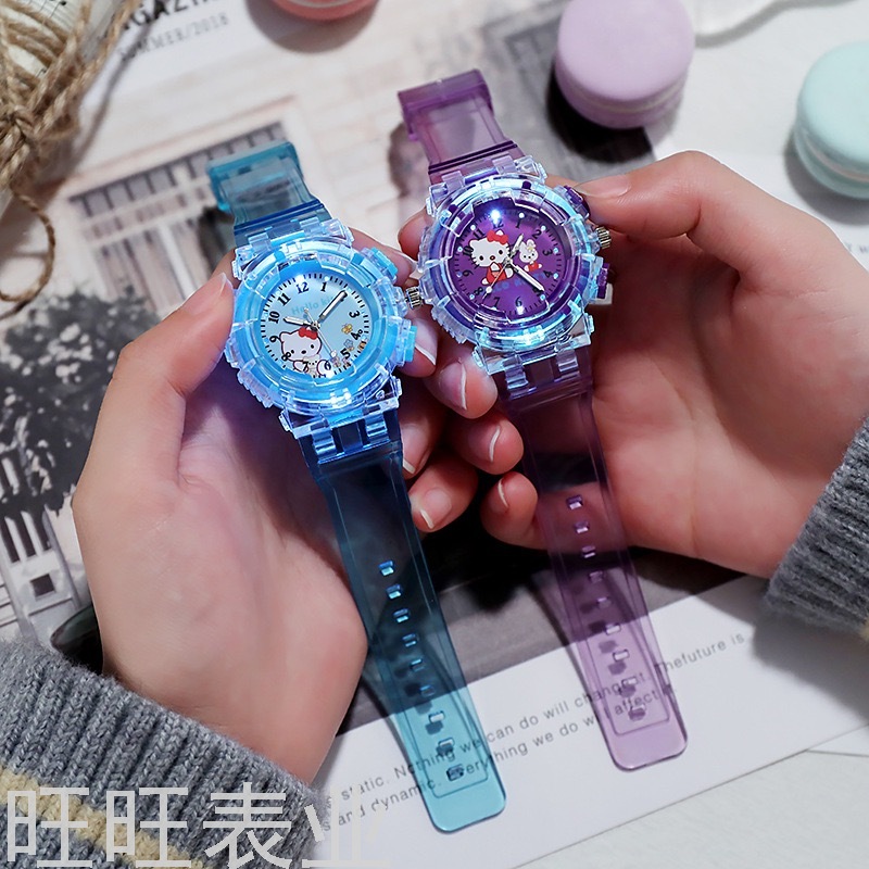 New Arrival Transparent Luminous Ins Children&#039;s Cartoon Watch Hello Kitty Cat Primary School Student Electronic Watch