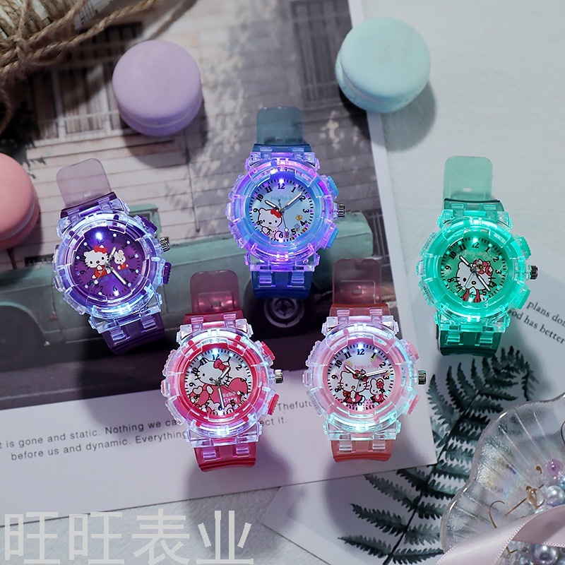 New Arrival Transparent Luminous Ins Children&#039;s Cartoon Watch Hello Kitty Cat Primary School Student Electronic Watch