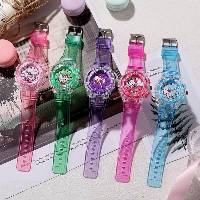 New Arrival Transparent Luminous Ins Children&#039;s Cartoon Watch Hello Kitty Cat Primary School Student Electronic Watch