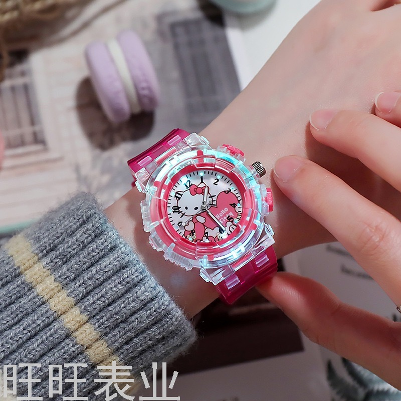 New Arrival Transparent Luminous Ins Children&#039;s Cartoon Watch Hello Kitty Cat Primary School Student Electronic Watch
