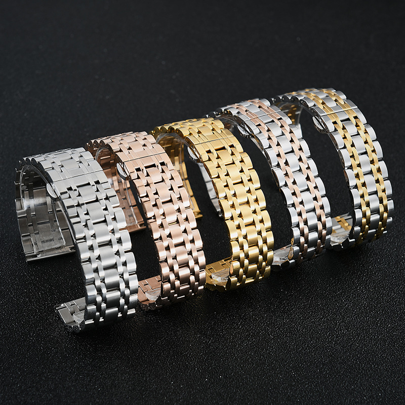 Wholesale Stainless Steel Watch Band Seven Beads Solid Steel Double Press Butterfly Buckle Flat Head Watch Band Watch Accessories