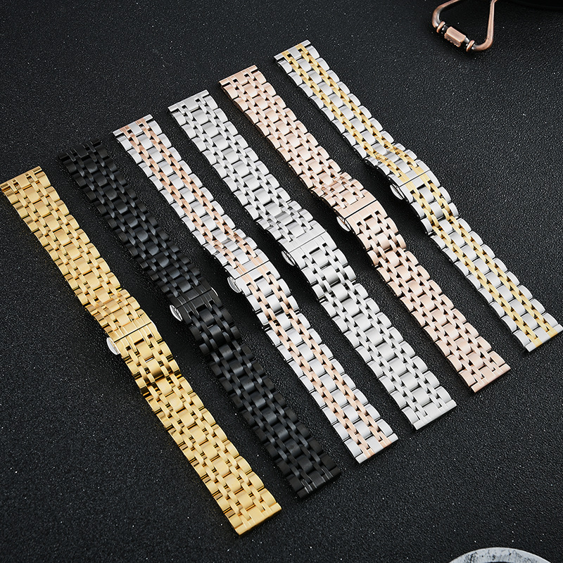 Wholesale Stainless Steel Watch Band Seven Beads Solid Steel Double Press Butterfly Buckle Flat Head Watch Band Watch Accessories