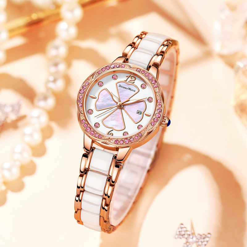 2021 New Ladies Watch Clover Calendar Luminous Moisturizing Pearl Ceramic Fine Steel Watch Fritillary Diamond Watch
