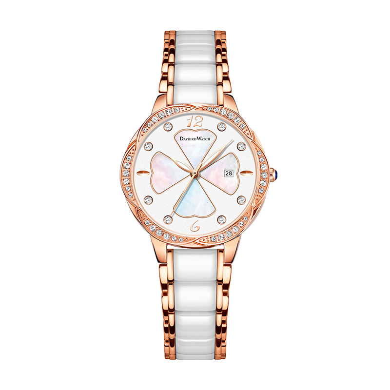 2021 New Ladies Watch Clover Calendar Luminous Moisturizing Pearl Ceramic Fine Steel Watch Fritillary Diamond Watch