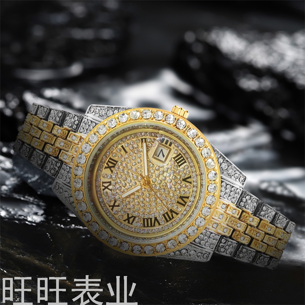 Men&#039;s Steel Watch Big Rhinestone Diamond Men&#039;s Watch Roman Scale Calendar Hip Hop Watch Gold Green Full Diamond Watch