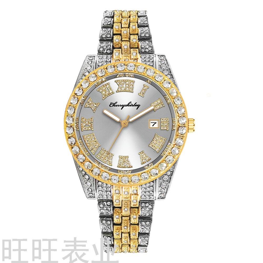 Men&#039;s Steel Watch Big Rhinestone Diamond Men&#039;s Watch Roman Scale Calendar Hip Hop Watch Gold Green Full Diamond Watch