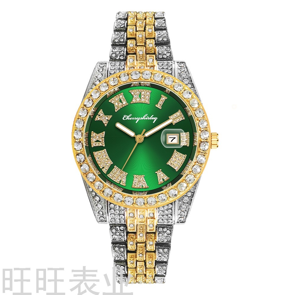 Men&#039;s Steel Watch Big Rhinestone Diamond Men&#039;s Watch Roman Scale Calendar Hip Hop Watch Gold Green Full Diamond Watch