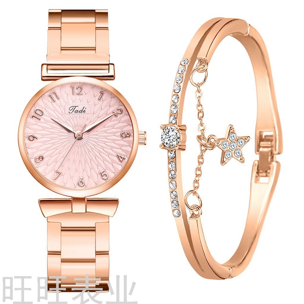 AliExpress Cross-Border Bow Women&#039;s Bracelet Quartz Steel Watch Korean Style Trendy Simplicity Personalized Set Gift