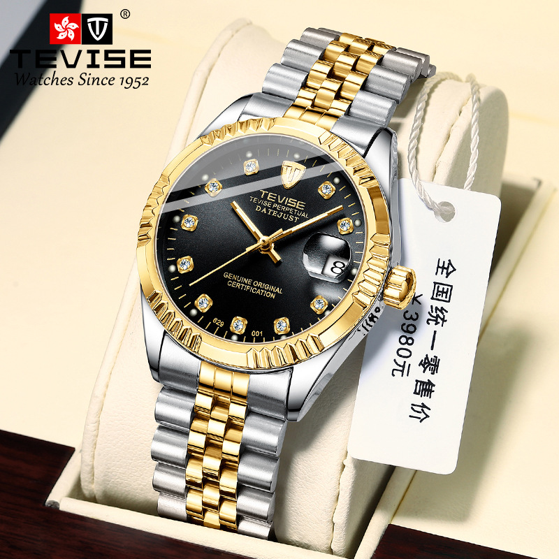 Swiss Tevise Waterproof Business Calendar Watch Simple Stainless Steel Watch Automatic Mechanical Watch Men