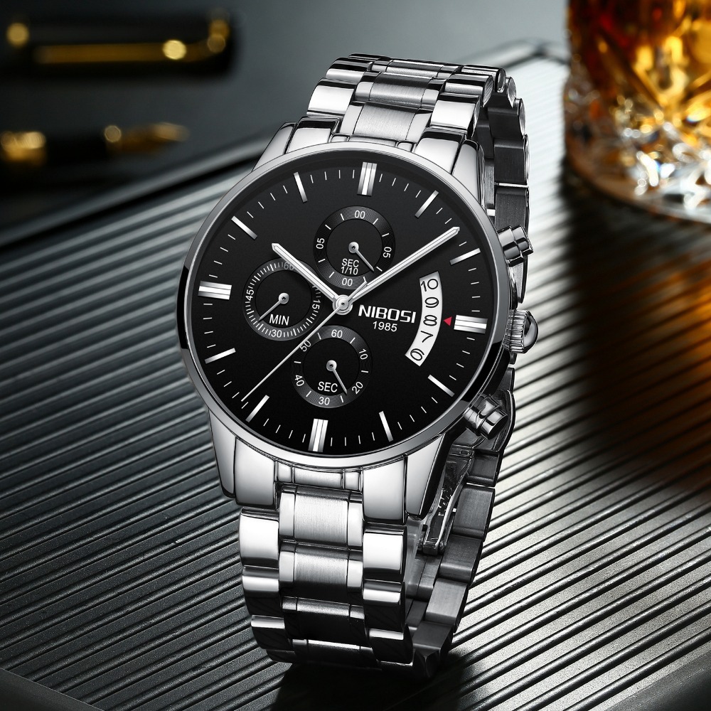 Nibosi Butterfly Snap Solid Men&#039;s Steel Strap Watch Waterproof Coated Glass Luminous Metal Watch