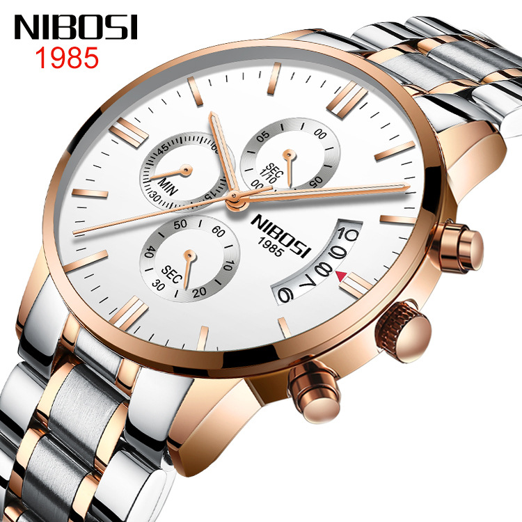 Nibosi Butterfly Snap Solid Men&#039;s Steel Strap Watch Waterproof Coated Glass Luminous Metal Watch