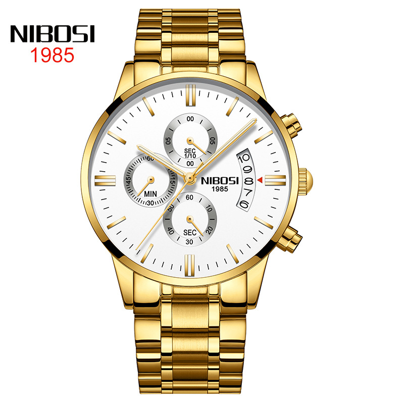 Nibosi Butterfly Snap Solid Men&#039;s Steel Strap Watch Waterproof Coated Glass Luminous Metal Watch