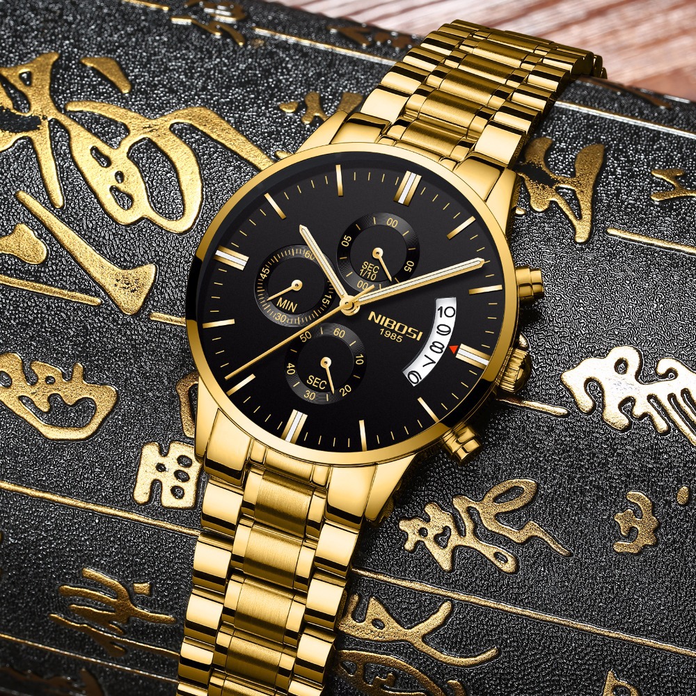 Nibosi Butterfly Snap Solid Men&#039;s Steel Strap Watch Waterproof Coated Glass Luminous Metal Watch